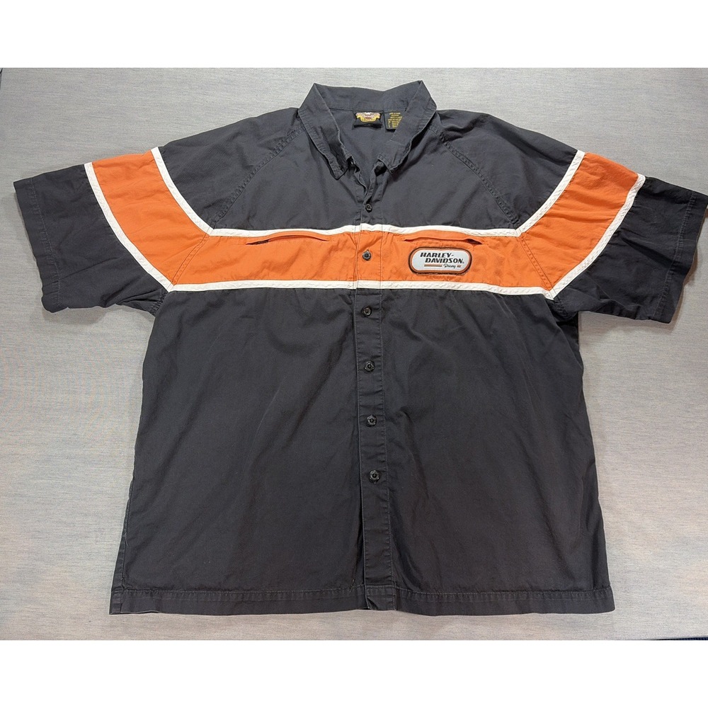 VTG Harley Davidson Racing Shirt Mens XL Black Orange Button Up Workwear